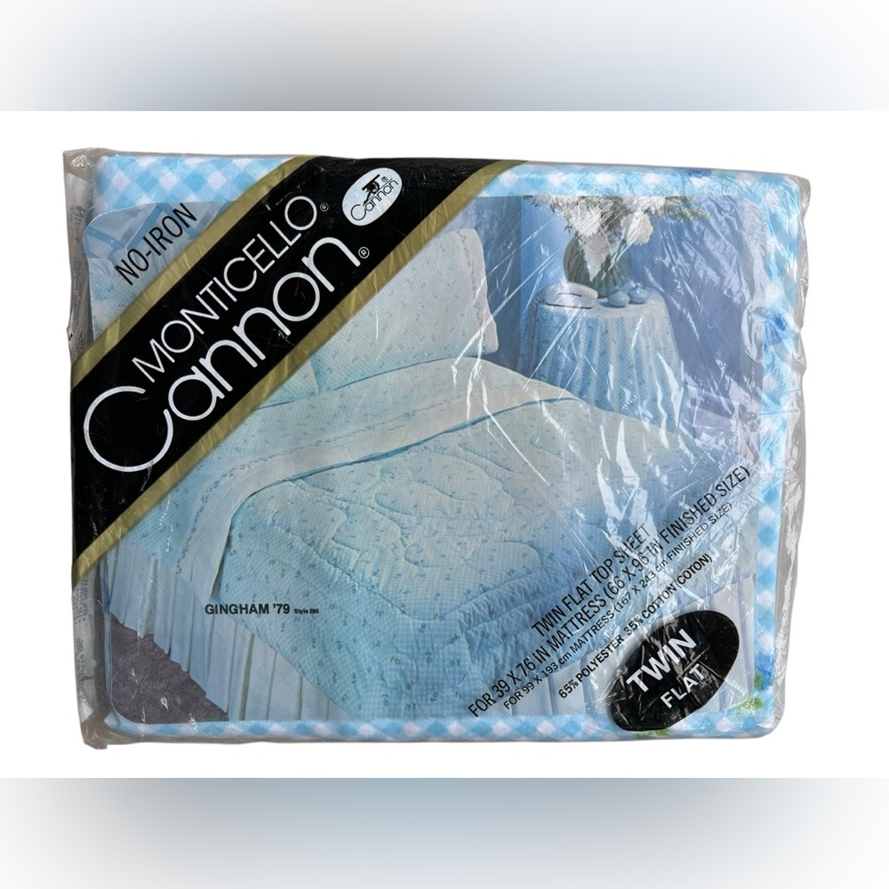 NEW Vintage Cannon Monticello Twin Flat Sheet Blue Gingham ‘79 Retro 66x96” 70s